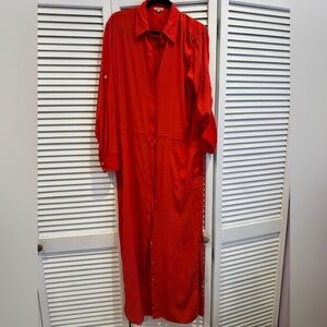 Women's Red Maxi Shirt Dress with Collar